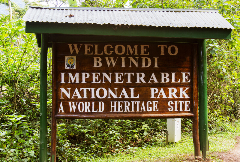 Welcome sign at Bwindi Impenetrable National Park in Uganda