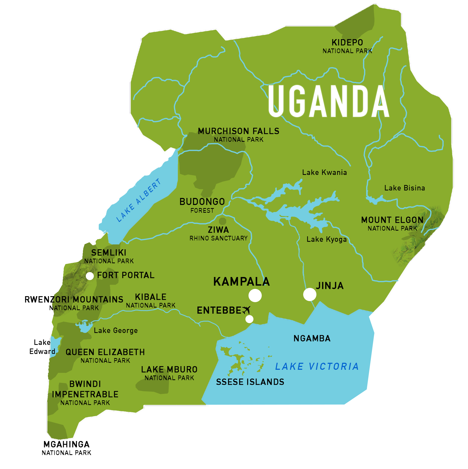 Kwezi Outdoors map showing national parks of Uganda